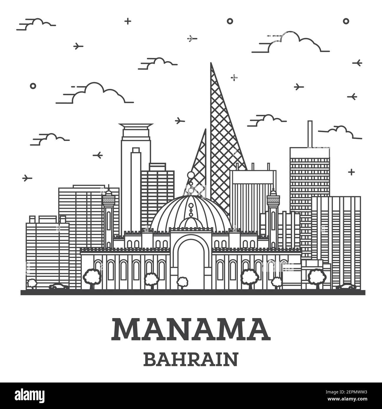 Outline Мanama Вahrain City Skyline with Modern Buildings Isolated on White. Vector Illustration. Мanama Cityscape with Landmarks. Stock Vector