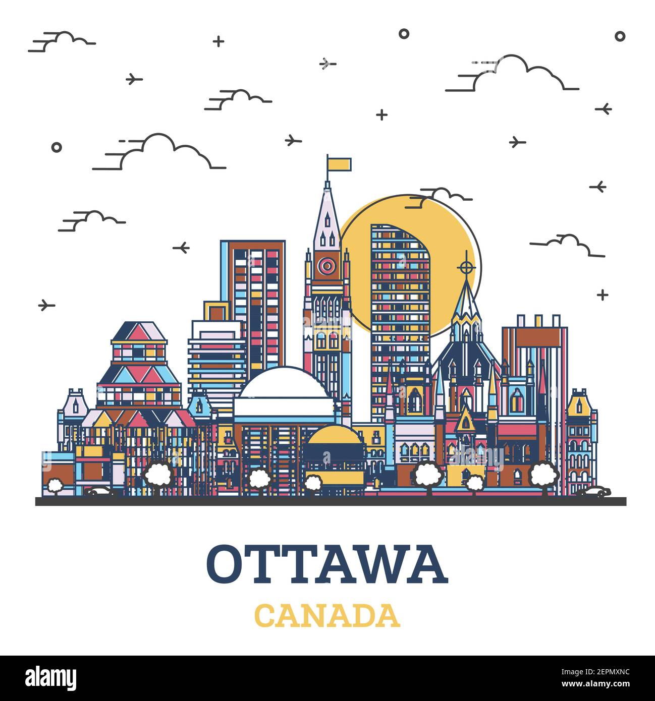 Outline Ottawa Canada City Skyline with Colored Modern Buildings Isolated on White. Vector Illustration. Ottawa Cityscape with Landmarks. Stock Vector