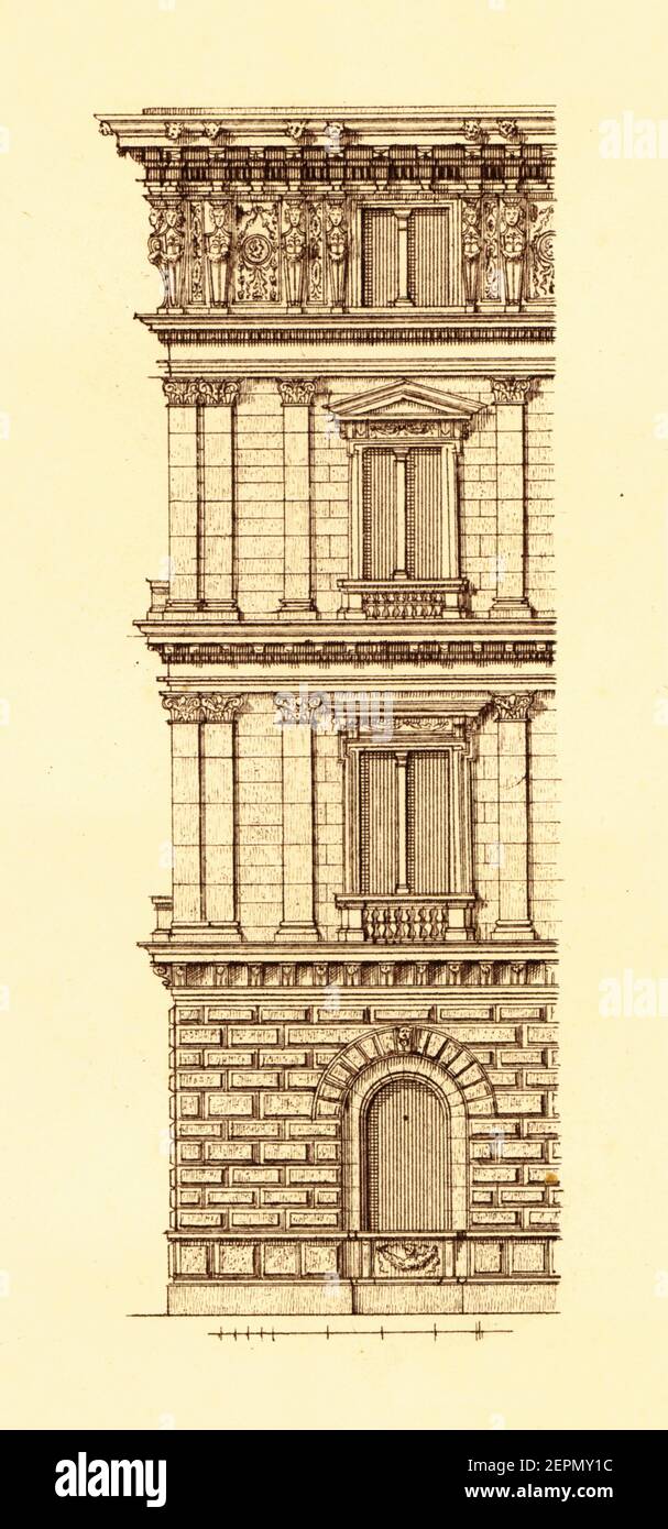 Antique 19th-century illustration of Palais Epstein in Vienna, designed by Theophil Freiherr von Hansen. Engraving published in Vergleichende Architek Stock Photo