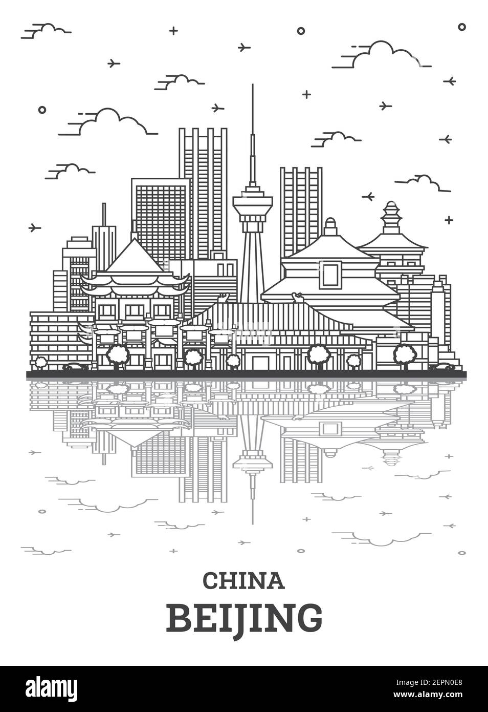 Outline Beijing China City Skyline with Modern Buildings and Reflections Isolated on White. Vector Illustration. Beijing Cityscape with Landmarks. Stock Vector