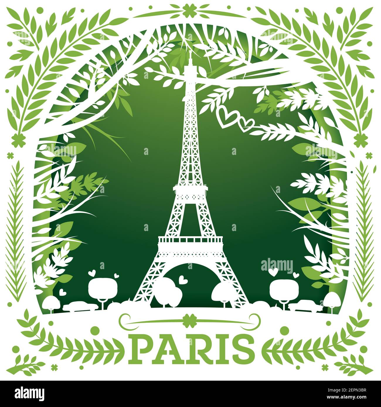 Greeting Card with Eiffel Tower in Paris. Template with Leaves for Laser Cutting. Vector Illustration. Paper Cut Invitation. Stock Vector