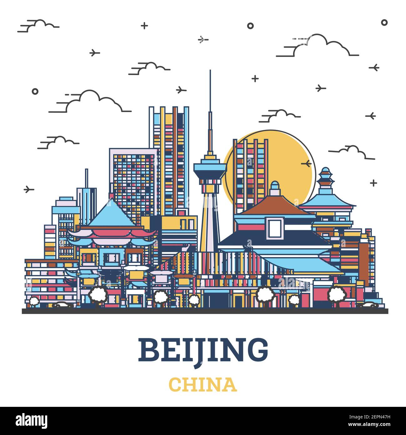 Outline Beijing China City Skyline with Colored Historic Buildings Isolated on White. Vector Illustration. Beijing Cityscape with Landmarks. Stock Vector