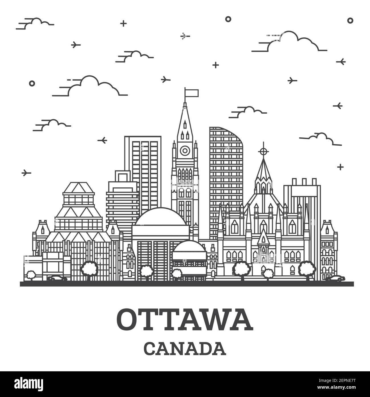 Outline Ottawa Canada City Skyline with Modern Buildings Isolated on White. Vector Illustration. Ottawa Cityscape with Landmarks. Stock Vector