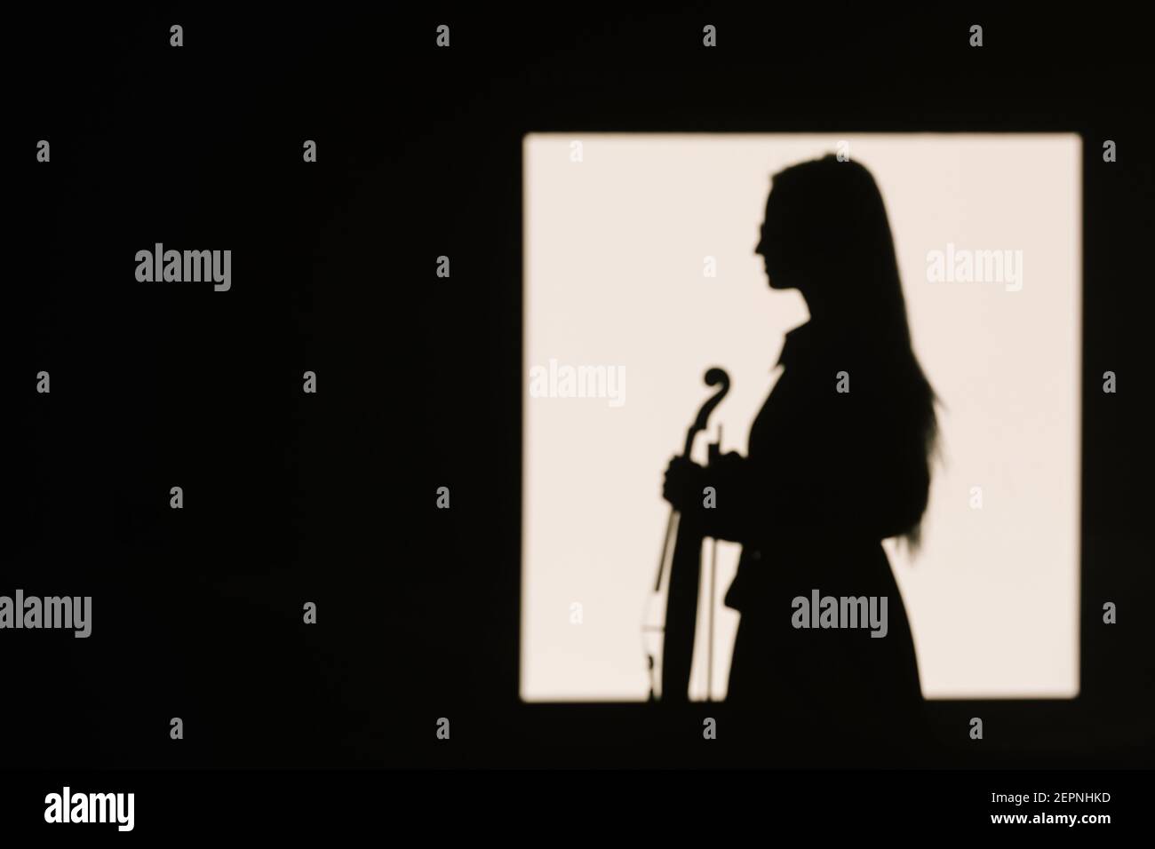 Side view silhouette female violinist standing with musical instrument and thoughtfully looking away Stock Photo
