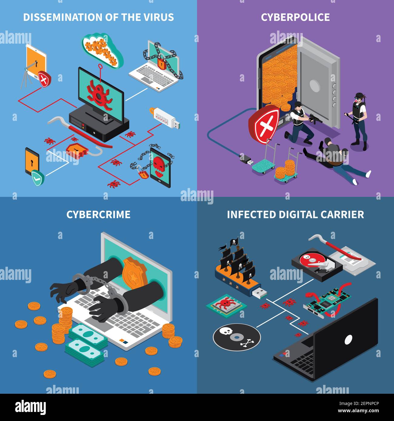 Hardware protection concept icons set with infected digital carrier ...
