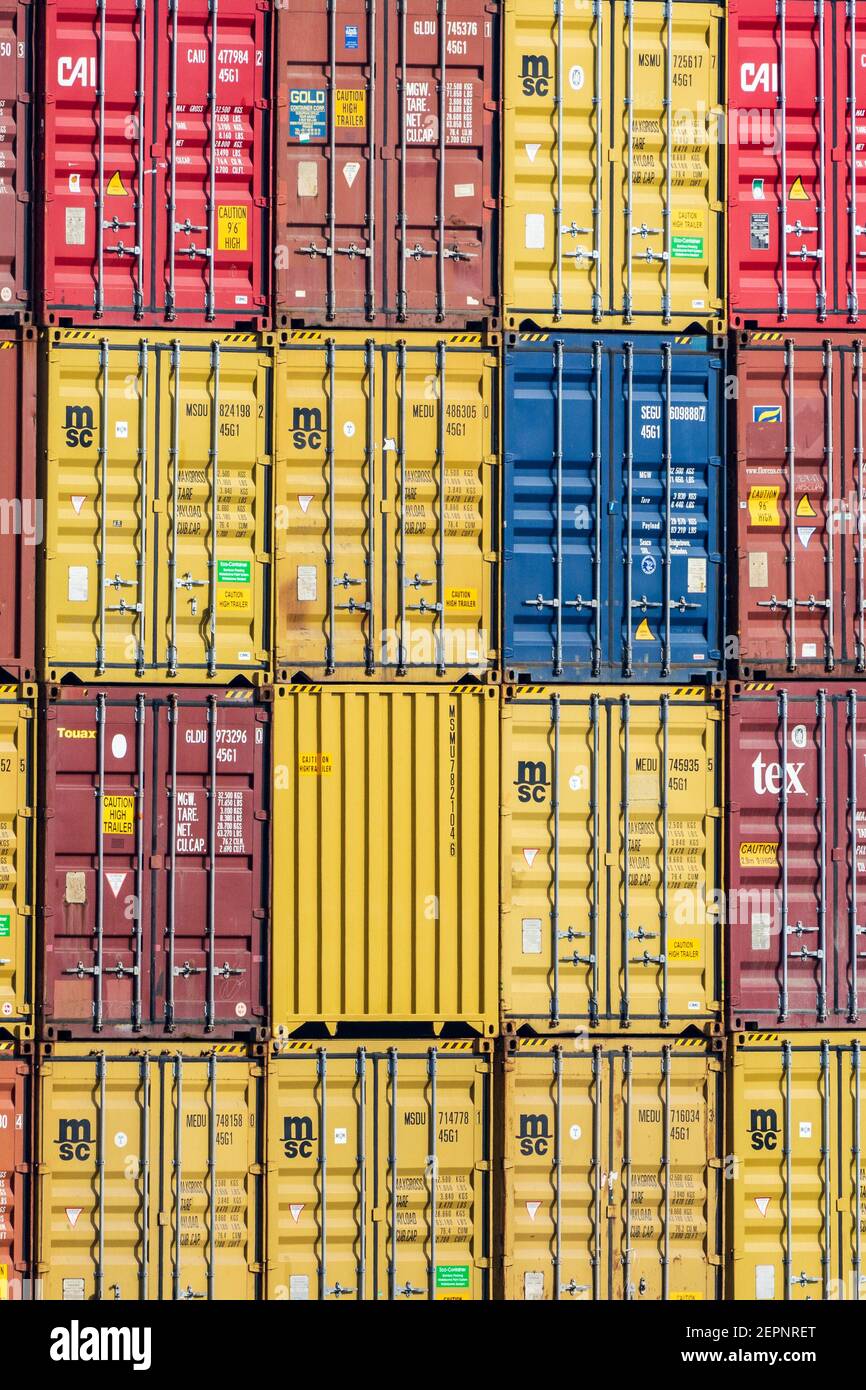 Stacked intermodal, ISO or shipping containers at DuisPort container terminal, Ruhrort harbour, Duisburg, Germany Stock Photo