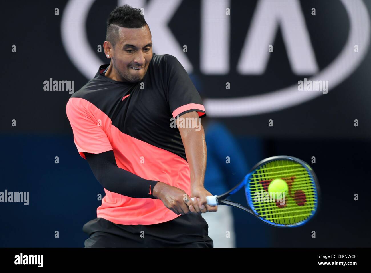 January 19, 2018: Nick Kyrgios of Australia in action in a 3rd round match  against 17th seed 15th seed Jo-Wilfried Tsonga of France on day five of the  2018 Australian Open Grand