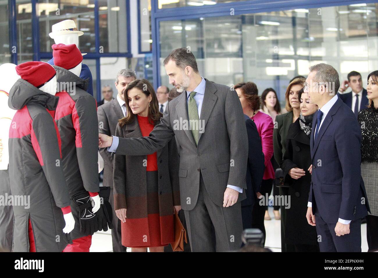 King Felipe VI of Spain and Queen Letizia of Spain during the visit to the facilities of the Spanish sportswear company JOMA Sports. January 19, 2018. (Photo by Acero/Alter Photos/Sipa USA) Stock Photo