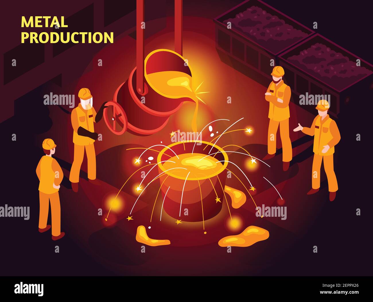 Metal production isometric poster with steel makers in foundry pouring molten cast iron in mold vector illustration Stock Vector