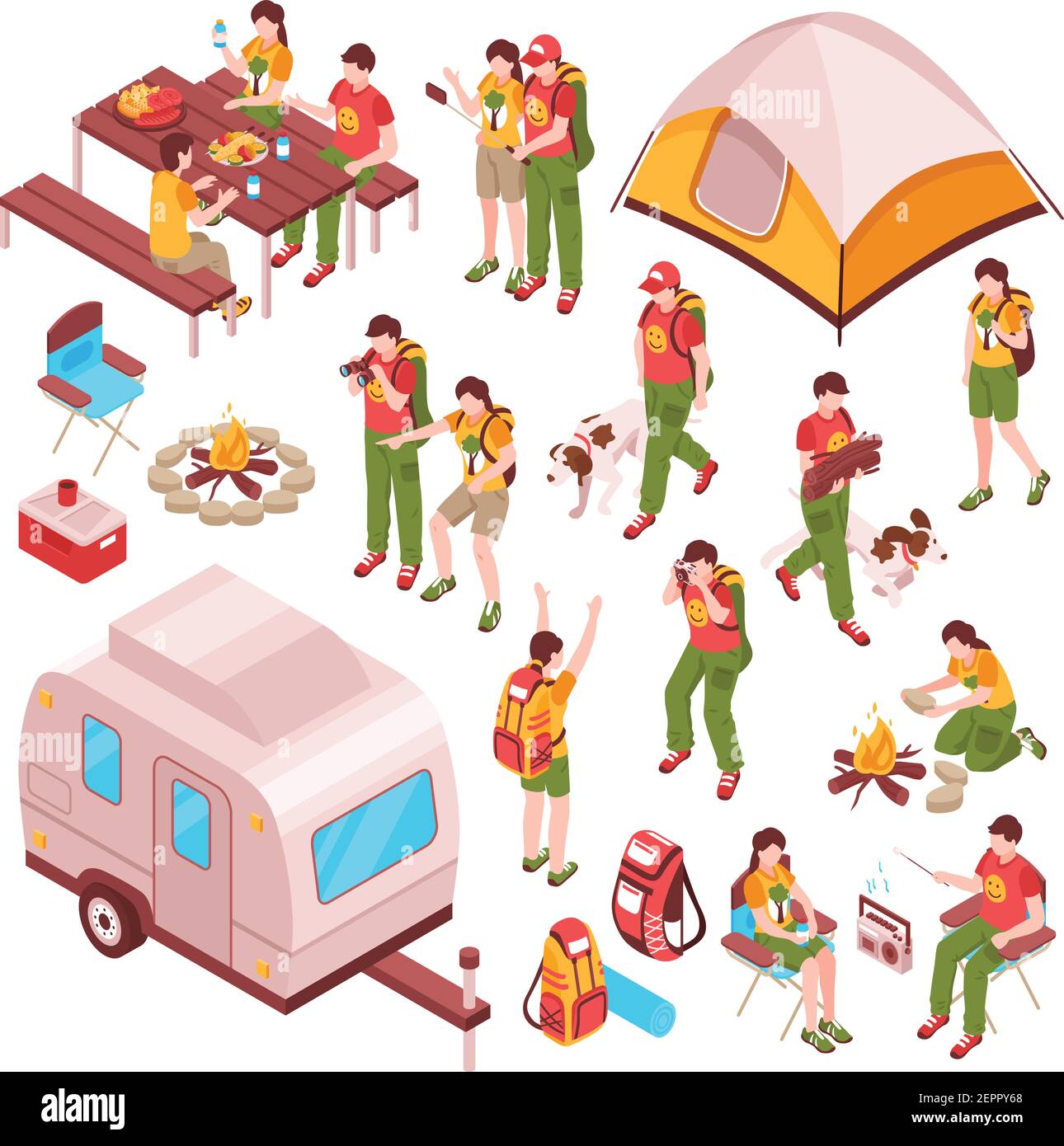 Picnic barbecue family summer vacations holidays camping isometric ...