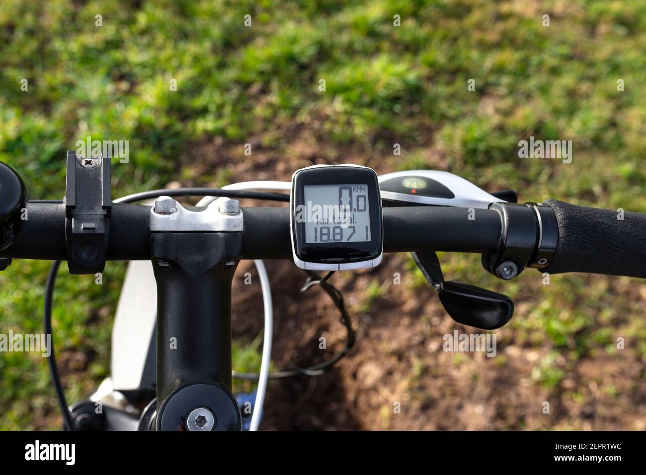 Bicycle electric counter mounted on the handlebar of a mountain bike ...