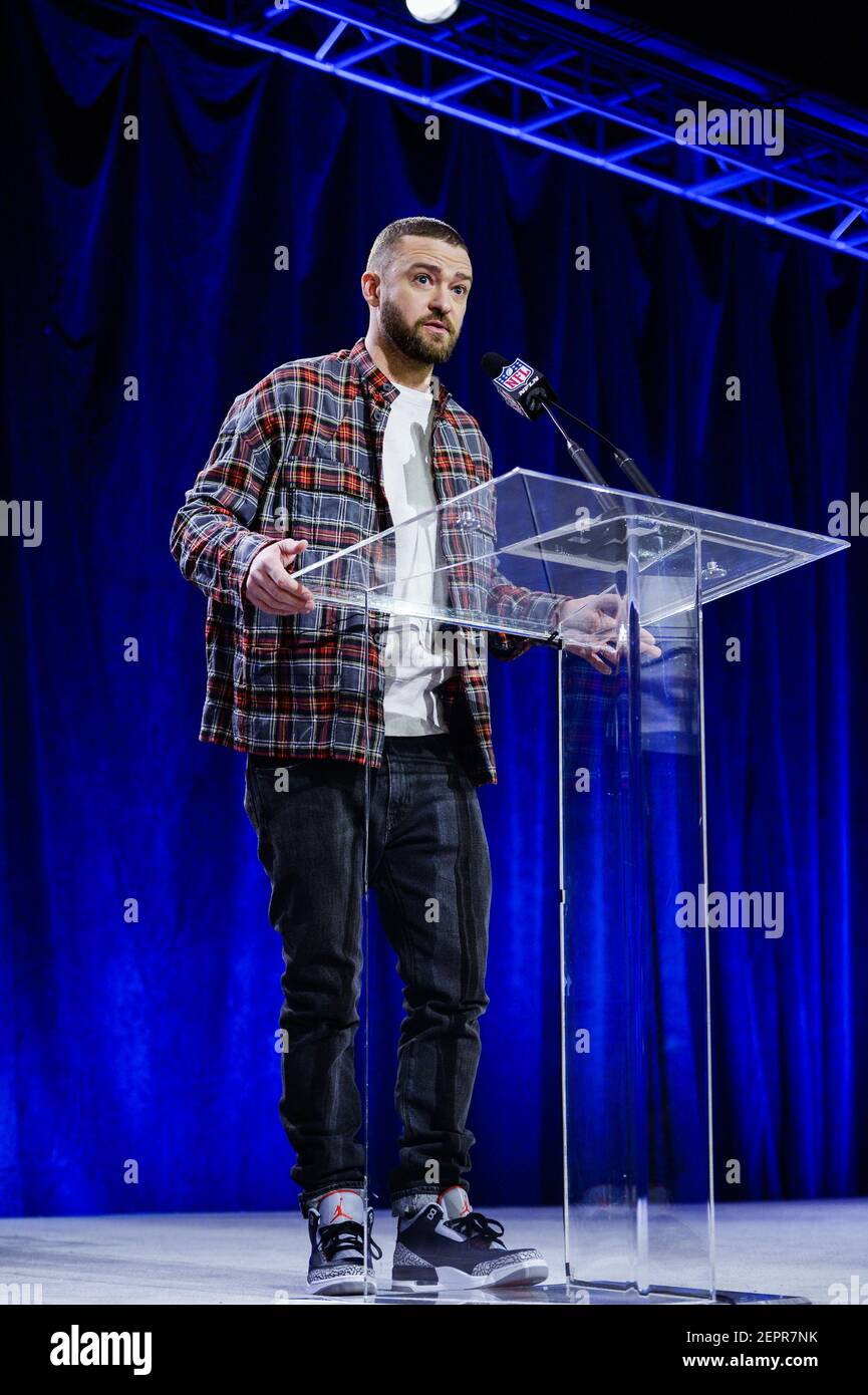 Justin Timberlake holds an NFL football at the Pepsi Super Bowl LII Halftime  Show press conference at the Hilton Minneapolis Grand Ballroom in  Minneapolis, Minnesota on February 1, 2018. U.S. Bank Stadium