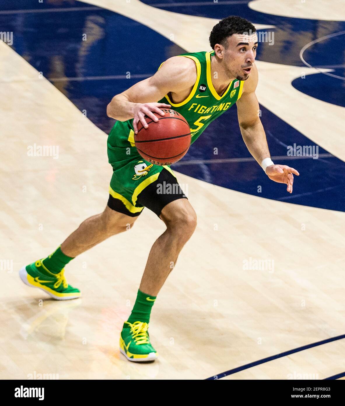 February 27 2021 Berkeley, CA U.S.A. Oregon guard Chris Duarte (5) goes to  the basket during the NCAA Men's Basketball game between Oregon Ducks and  the California Golden Bears 74-63 win at