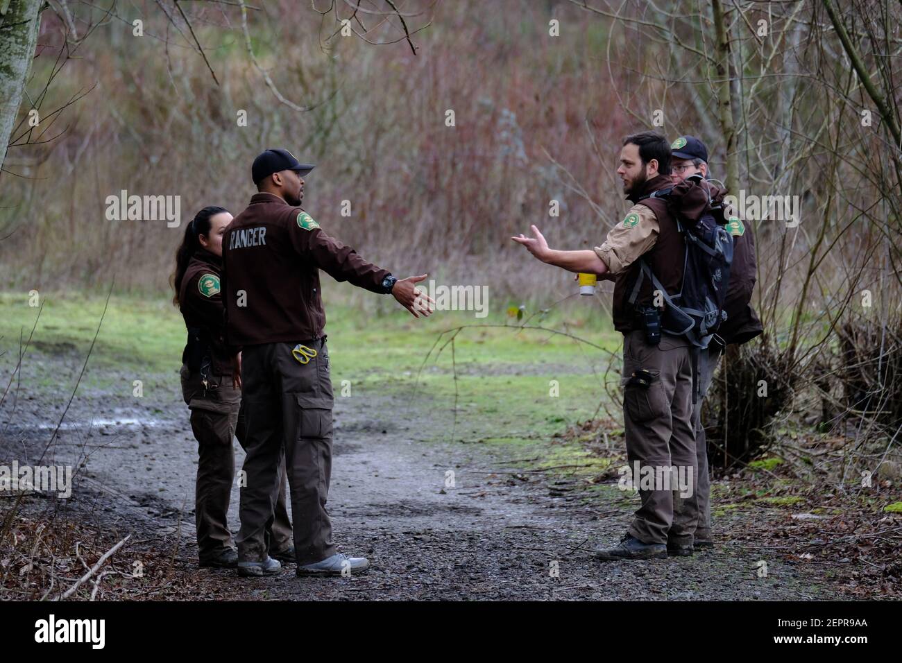 Park rangers make plans during the eviction of the 