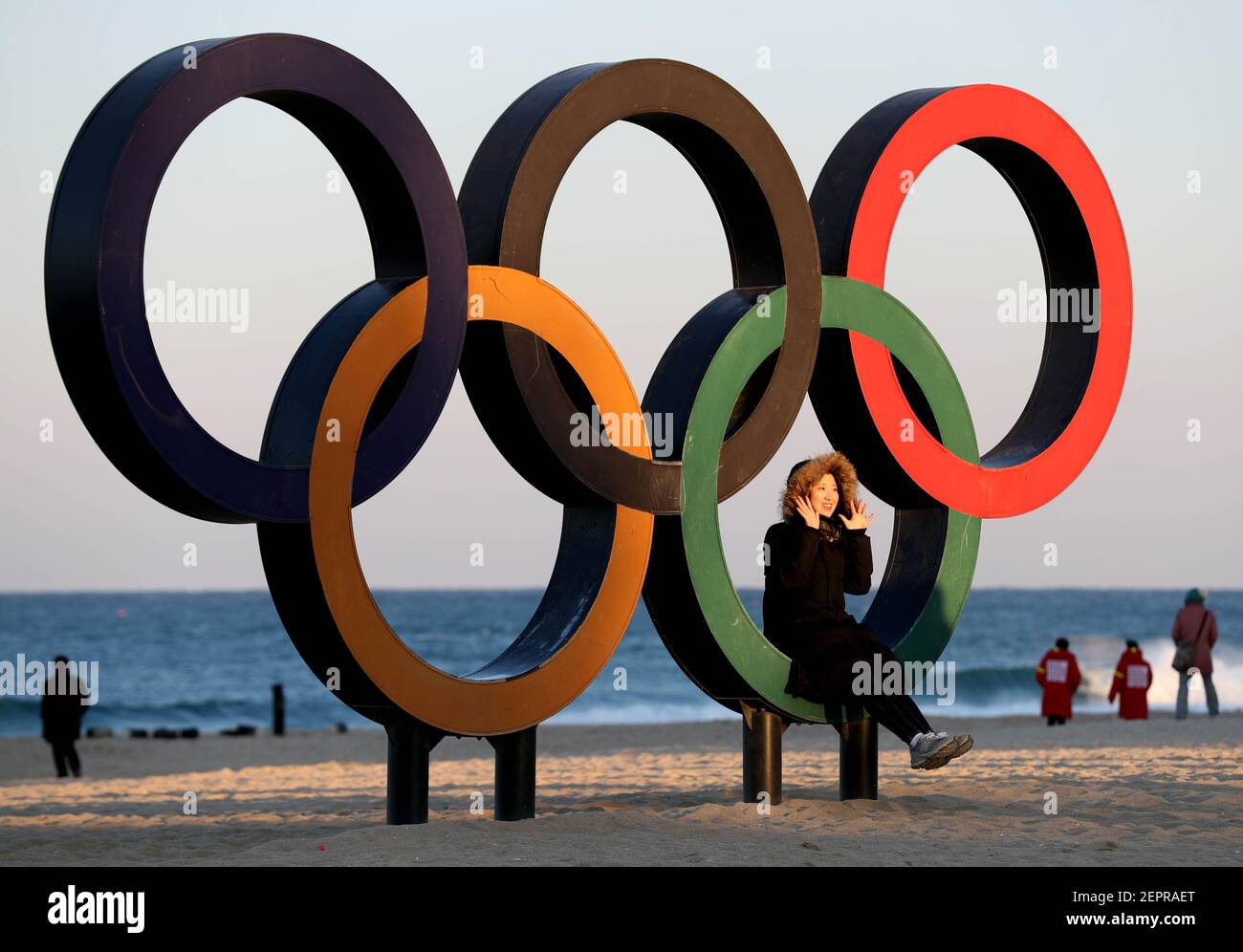 Feb 3, 2018; Gangneung-si, KOR; People have their pictures taken with the  Olympic Rings on Gyeongpo Beach by the Sea of Japan in Gangneung-si, South  Korea. Mandatory Credit: Eric Seals-USA TODAY Sports