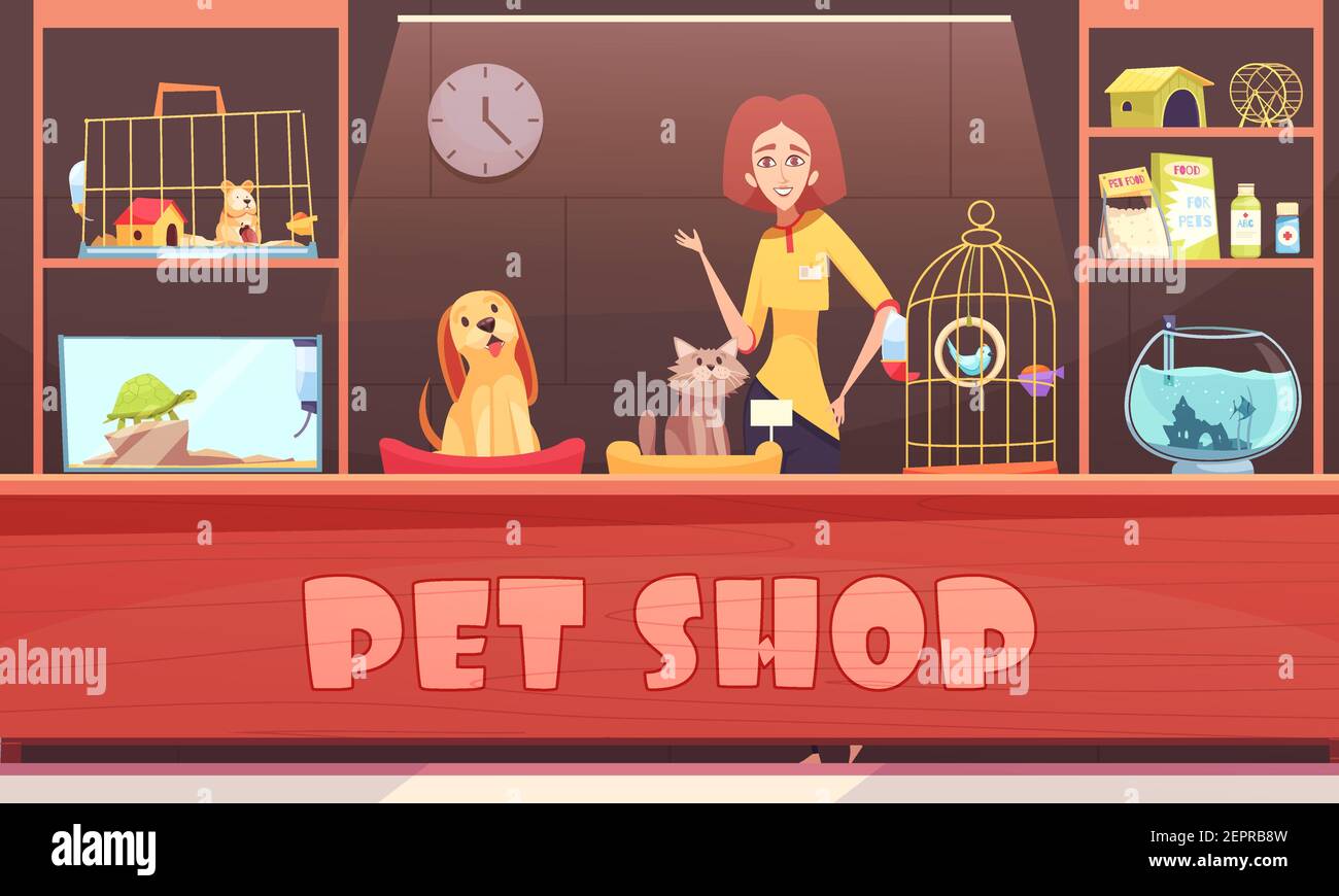 Pet shop interior with woman seller, home animals, shelves with accessories, feeds and medicines