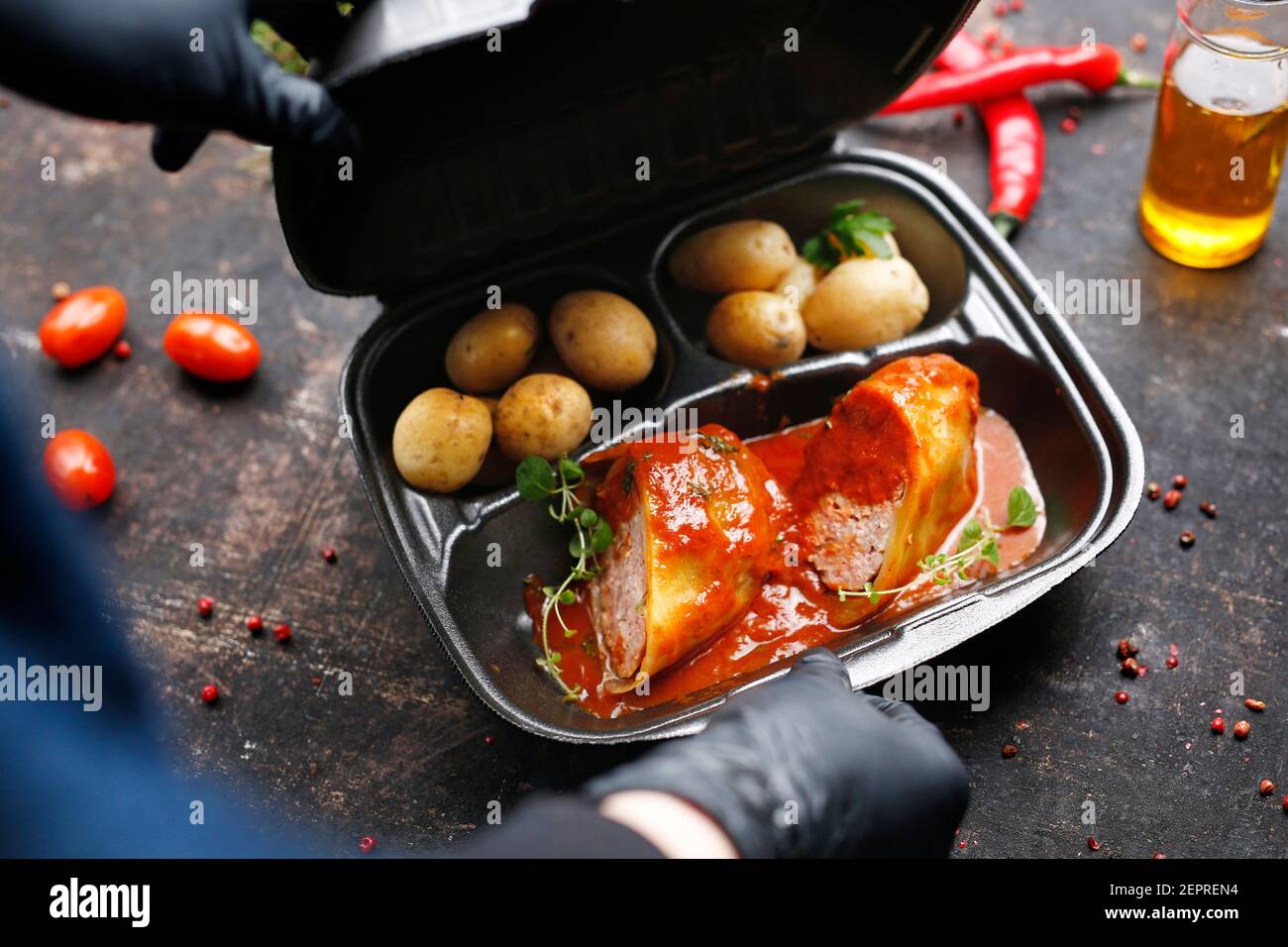 Dietary catering.Takeaway food in a box. Ready prepared meal in a box