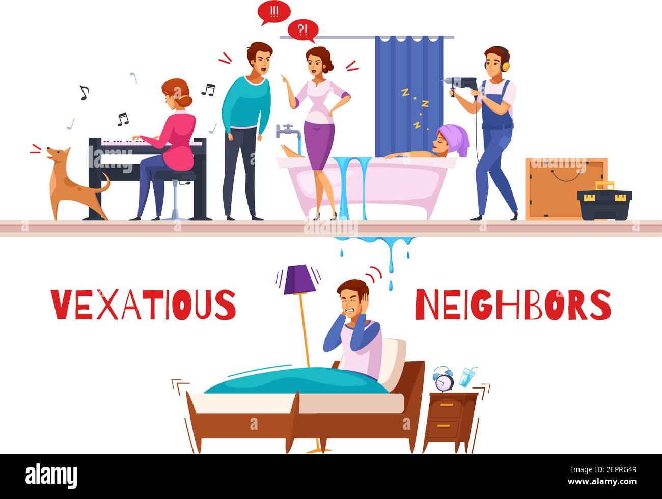 Neighbors relations cartoon composition with piano and drill sounds, family conflict, flooding, unhappy sleepless man vector illustration Stock Vector