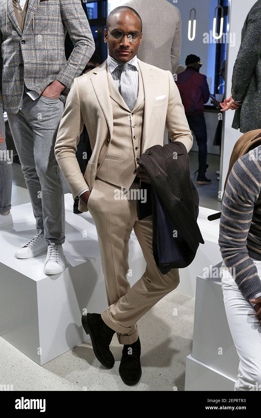 Model at the presentation for SuitSupply Fashion Show during New York