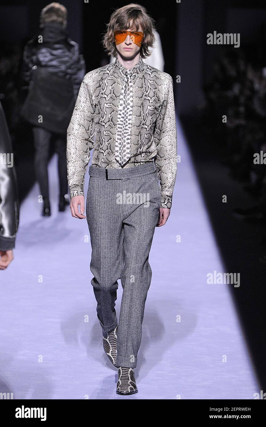 Model walks on the runway during the Tom Ford Fashion Show during New York  Menswear Fall Winter 2018-2019 held in New York, NY on February 6, 2018.  (Photo by Jonas Gustavsson/Sipa USA