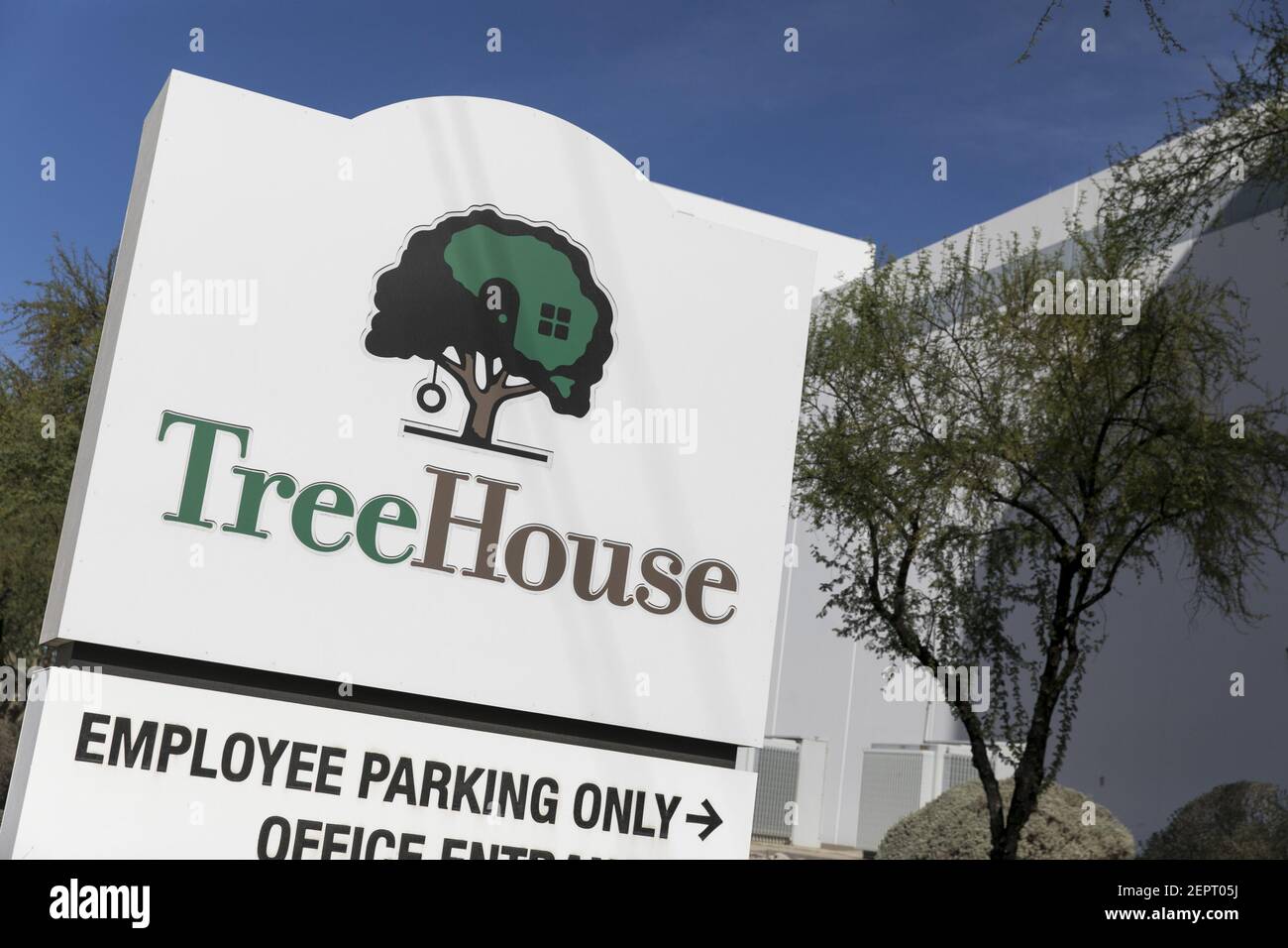 A logo sign outside of a facility occupied by TreeHouse Foods Inc., in