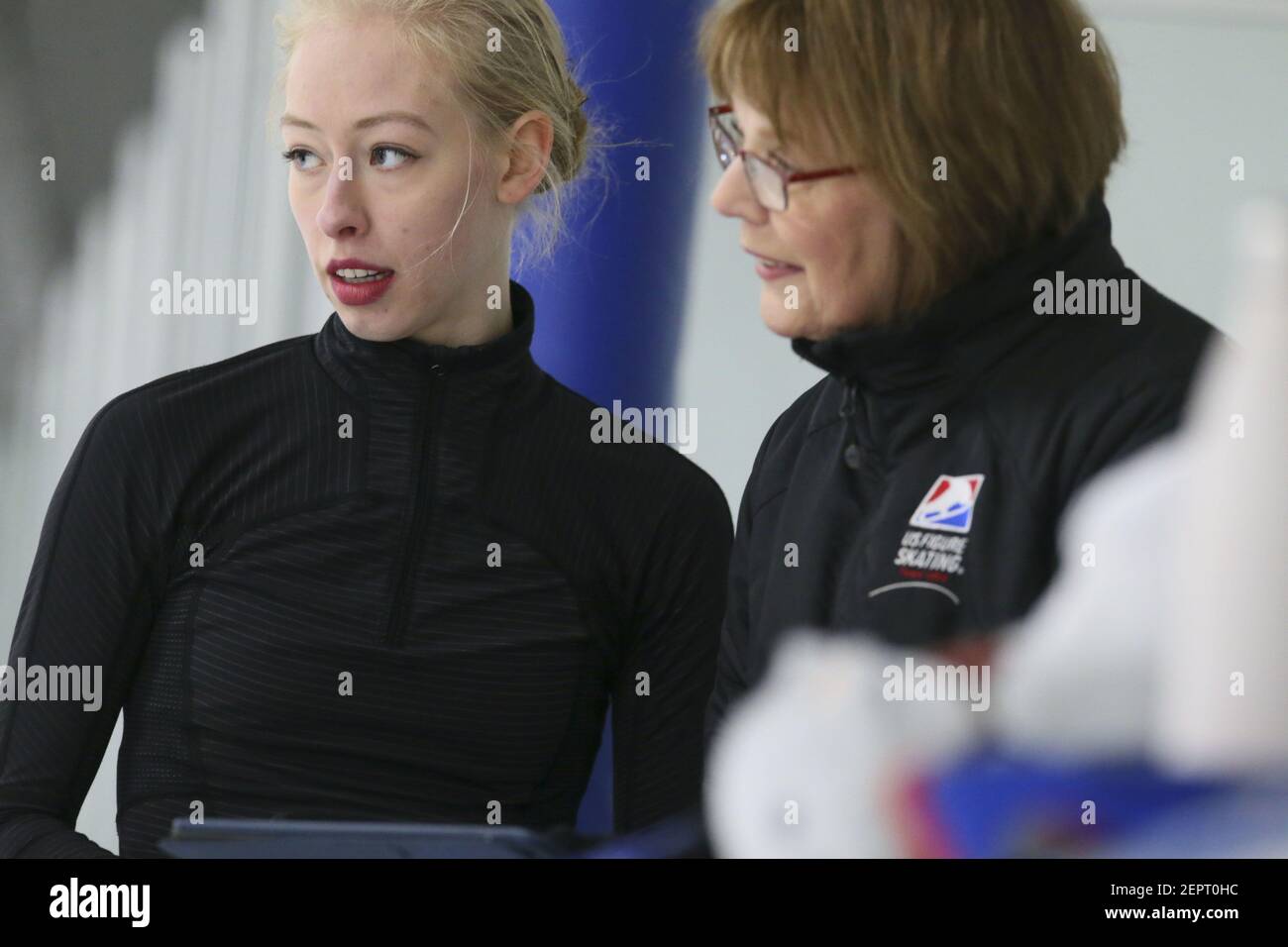 Olympic ice skater Bradie Tennell, left, speaks with her coach, Denise Myers, during practice at the Twin Rinks Ice Pavilion in Buffalo Grove, Ill., on January 29, 2018. Tennell will represent the United States in the 2018 Winter Olympic Games in Pyeongcheng, South Korea. (Photo by Stacey Wescott/Chicago Tribune/TNS/Sipa USA) Stock Photo