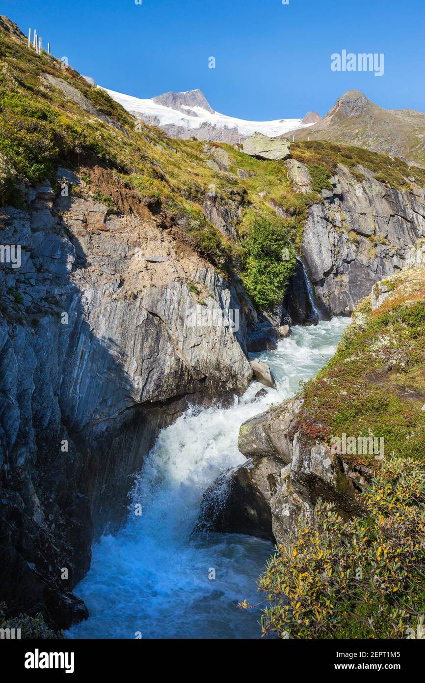 Canyon, torrent. Geology near Johannishütte refuge. Dorfer valley. Venediger group. Virgental. Austrian Alps. Europe Stock Photo