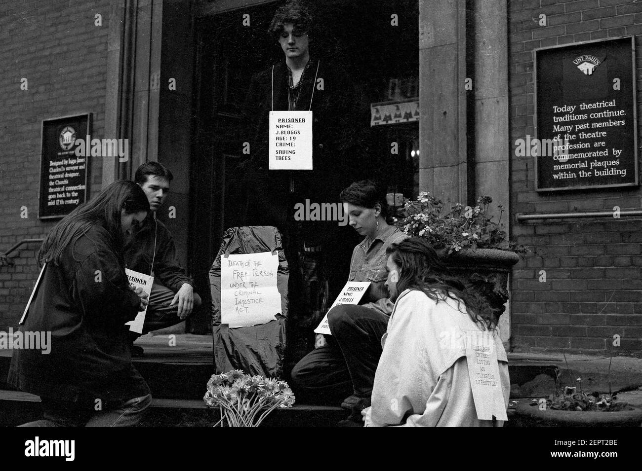 Protestors against the 1994 Criminal Justice Bill  hold a 'vigil for democracy' outside St James Church, Piccadilly, London Stock Photo