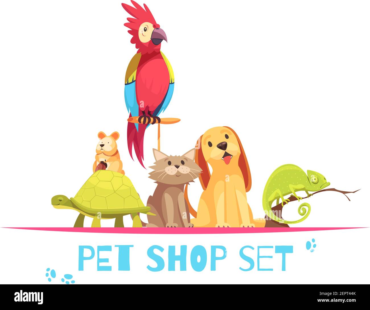 Pet shop composition with domestic animals parrot, hamster, chameleon, dog and cat on white background vector illustration Stock Vector