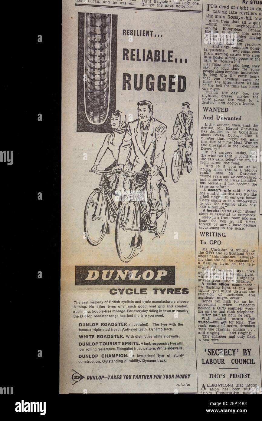 Advert for Dunlop cycle tyres in the Evening News newspaper (Thursday 10th May 1962), London, UK. Stock Photo