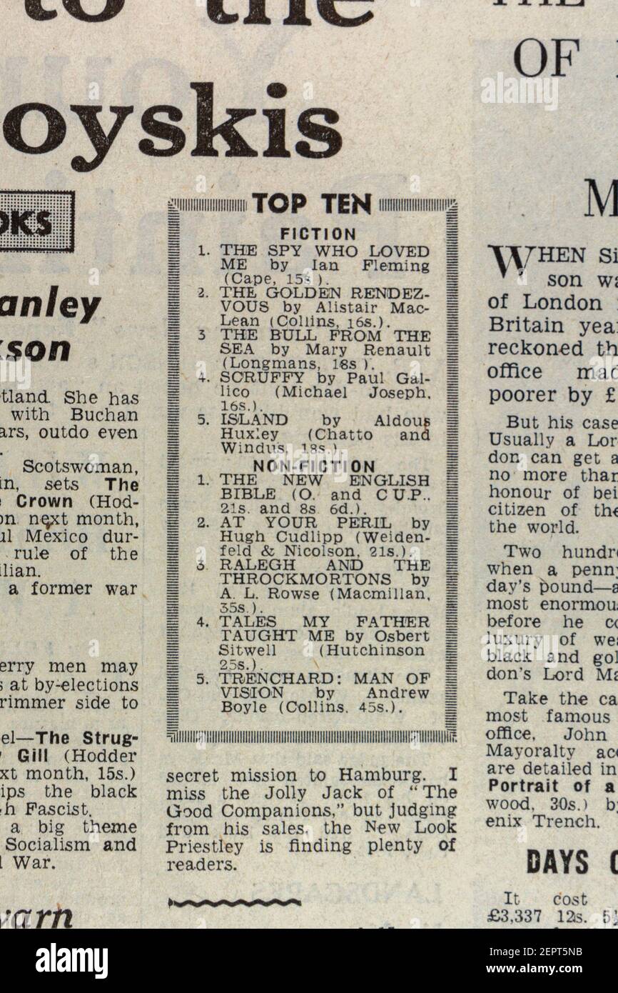 Current books top ten fiction sellers ('The Spy Who Loved Me' by Ian Fleming) in the Evening News newspaper (Thursday 10th May 1962), London, UK. Stock Photo