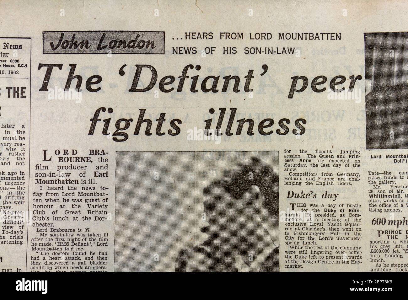 'The 'Defiant' peer fights illness' headline about illness of Lord Brabourne in the Evening News newspaper (Thursday 10th May 1962), London, UK. Stock Photo