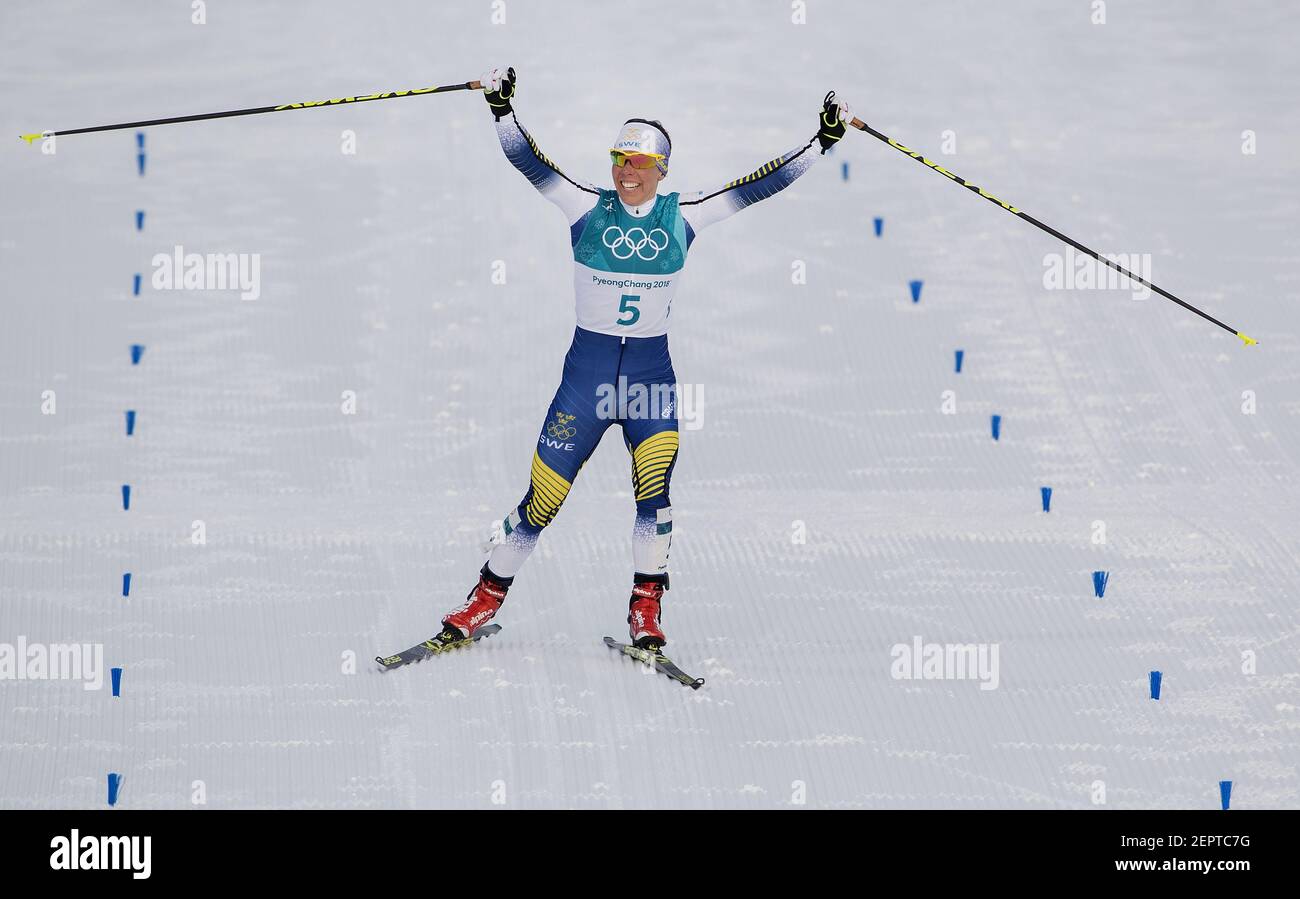 Sweden's Charlotte Kalla celebrates as she approaches the finish line of the women's 7.5km + 7.5km Skiathlon at Alpensia Cross-Country Skiing Centre on Saturday, Feb. 10, 2018, at the Pyeongchang Winter Olympics. (Photo by Carlos Gonzalez/Minneapolis Star Tribune/TNS/Sipa USA) Stock Photo