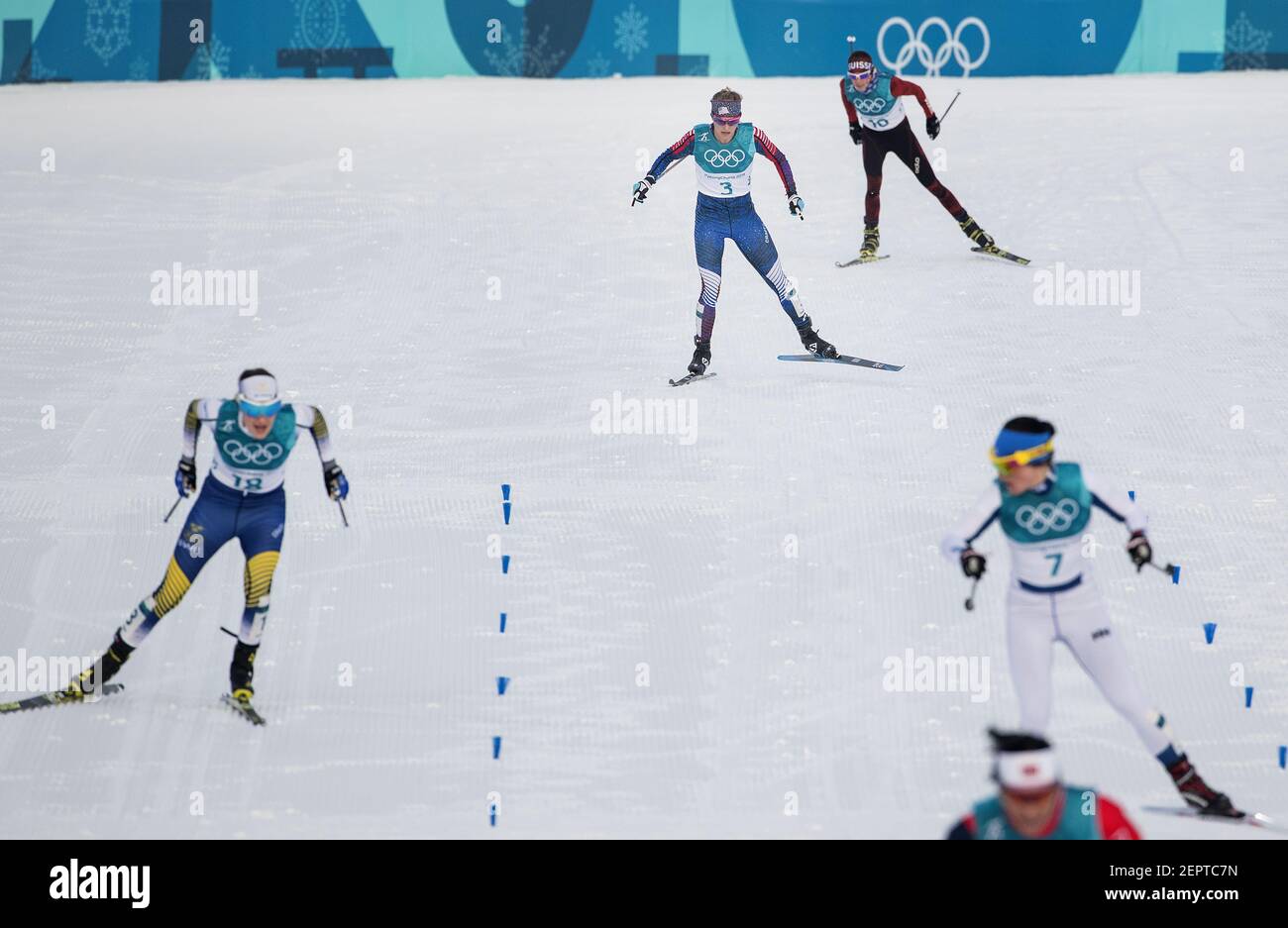 Jessie Diggins (3) from Afton, Minn., approaches the finish line during the women's 7.5km + 7.5km Skiathlon at Alpensia Cross-Country Skiing Centre on Saturday, Feb. 10, 2018, at the Pyeongchang Winter Olympics. Diggins placed fifth in the event. (Photo by Carlos Gonzalez/Minneapolis Star Tribune/TNS/Sipa USA) Stock Photo