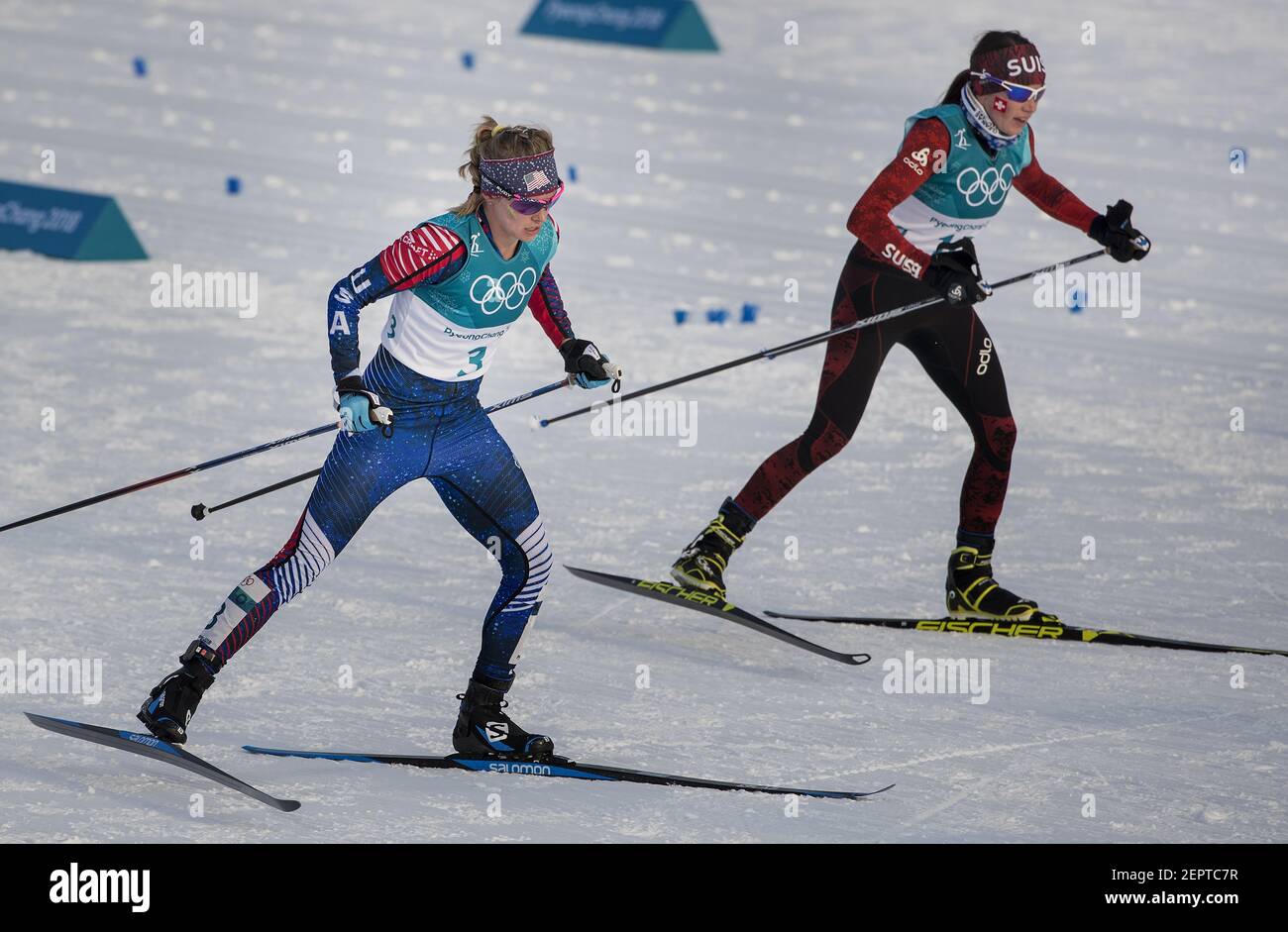Jessie Diggins (3) from Afton, Minn., during the women's 7.5km + 7.5km Skiathlon at Alpensia Cross-Country Skiing Centre on Saturday, Feb. 10, 2018, at the Pyeongchang Winter Olympics. Diggins placed fifth in the event. (Photo by Carlos Gonzalez/Minneapolis Star Tribune/TNS/Sipa USA) Stock Photo