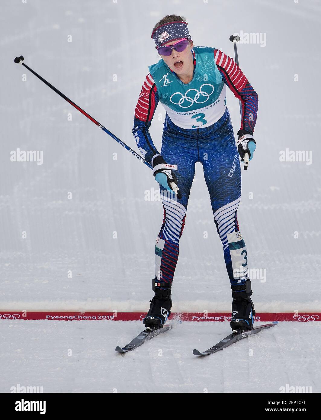 Jessie Diggins (3) from Afton, Minn., crosses the finish line during the women's 7.5km + 7.5km Skiathlon at Alpensia Cross-Country Skiing Centre on Saturday, Feb. 10, 2018, at the Pyeongchang Winter Olympics. Diggins placed fifth in the event. (Photo by Carlos Gonzalez/Minneapolis Star Tribune/TNS/Sipa USA) Stock Photo