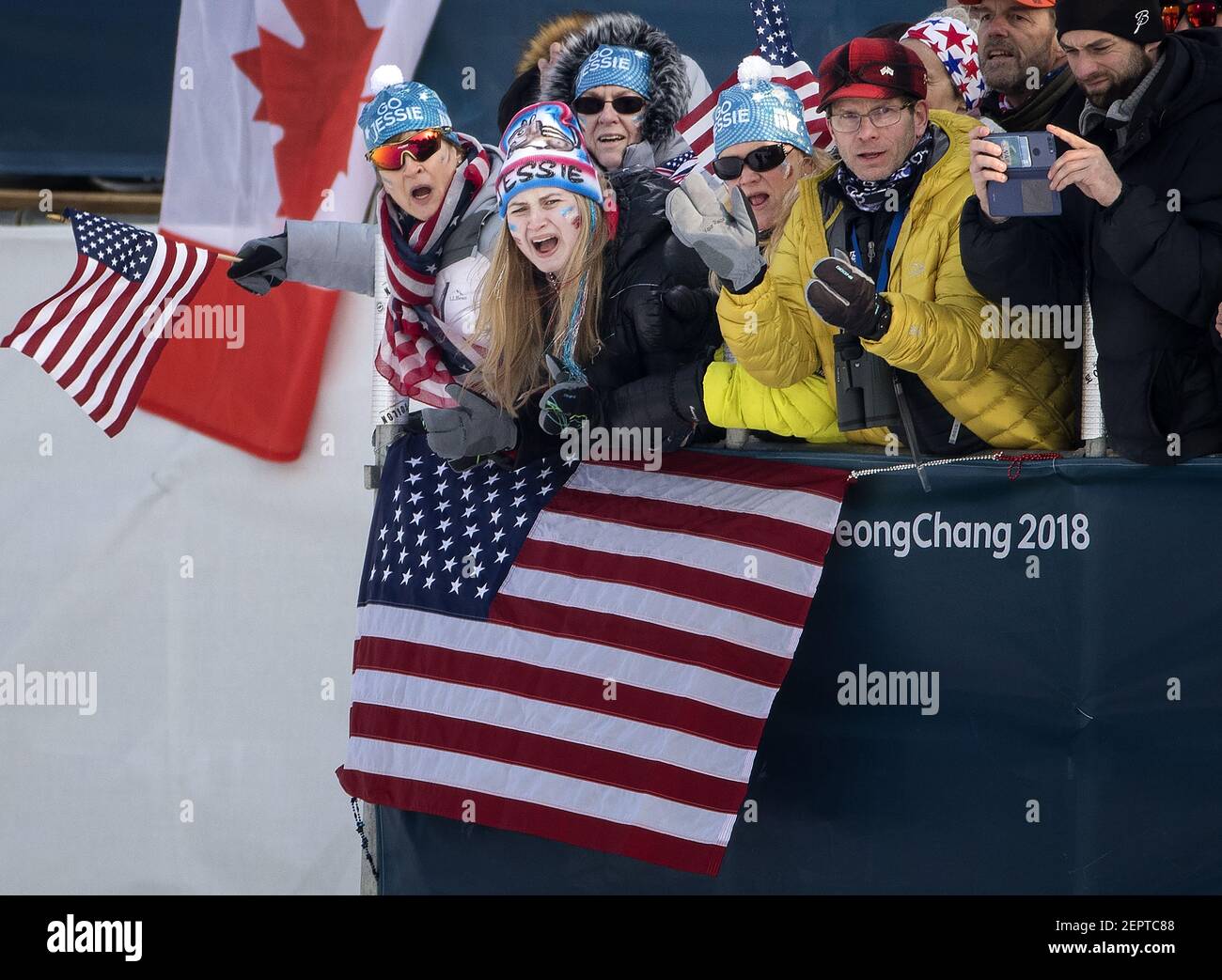 Jessie Diggins (3) from Afton, Minn., is cheered on by family members during the women's 7.5km + 7.5km Skiathlon at Alpensia Cross-Country Skiing Centre on Saturday, Feb. 10, 2018, at the Pyeongchang Winter Olympics. Diggins placed fifth in the event. (Photo by Carlos Gonzalez/Minneapolis Star Tribune/TNS/Sipa USA) Stock Photo