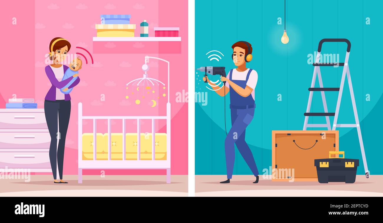 Sounds neighbors cartoon compositions including woman with crying newborn baby and apartment