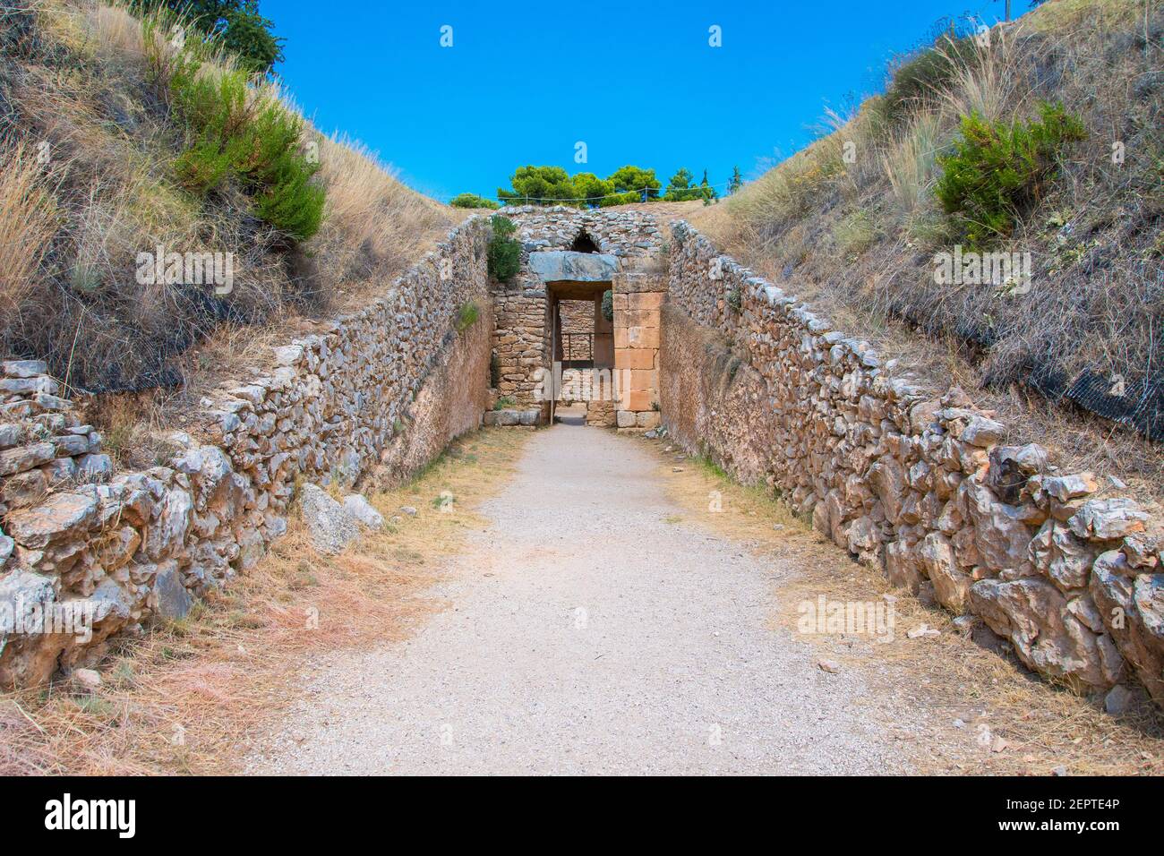 Entrance of the tomb of Aegisthus of the citadel of Mycenae. Archaeological site of Mycenae in Peloponnese, Greece Stock Photo