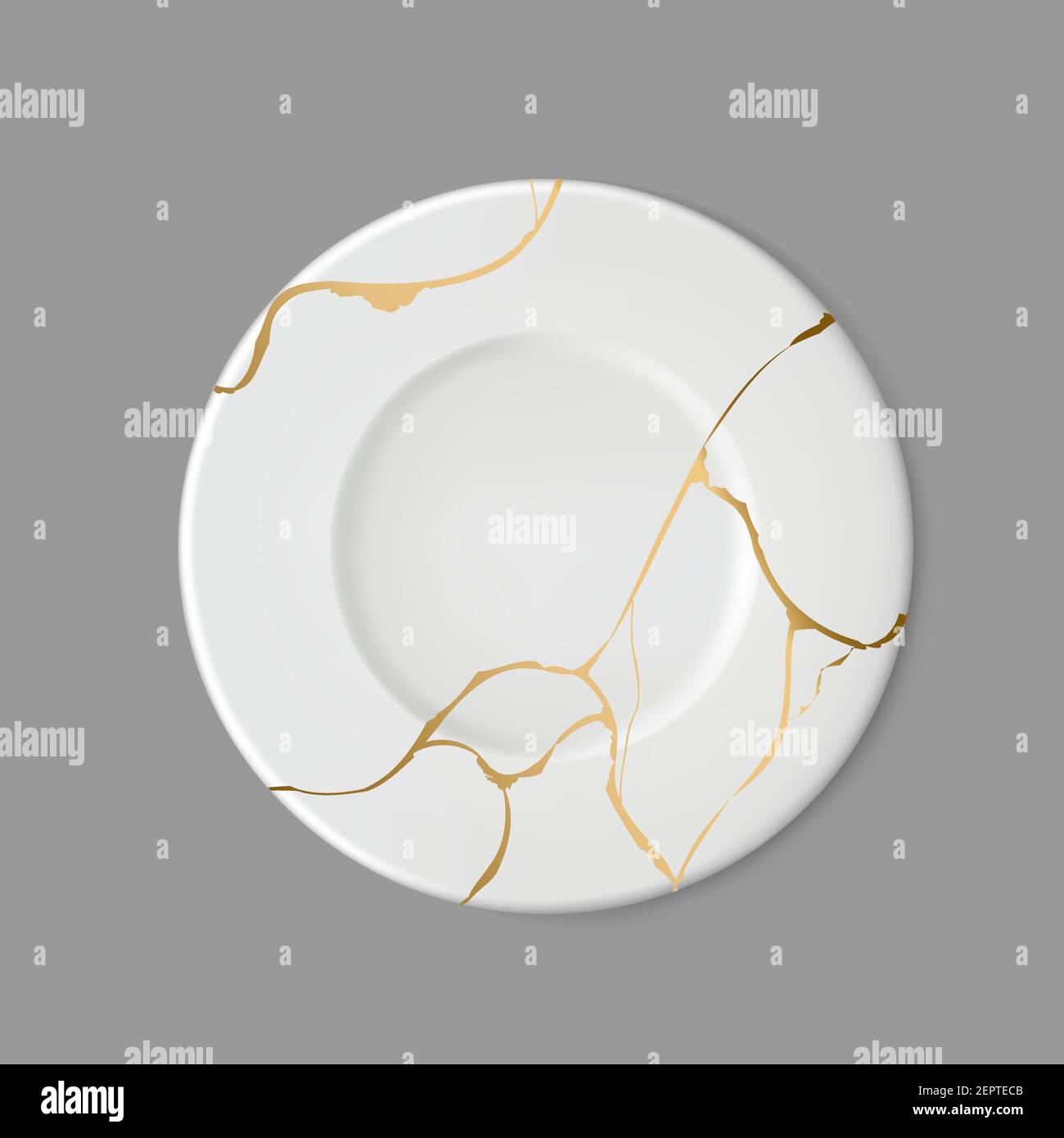 Plate with gold kintsugi on gray background. Crack and broken effects
