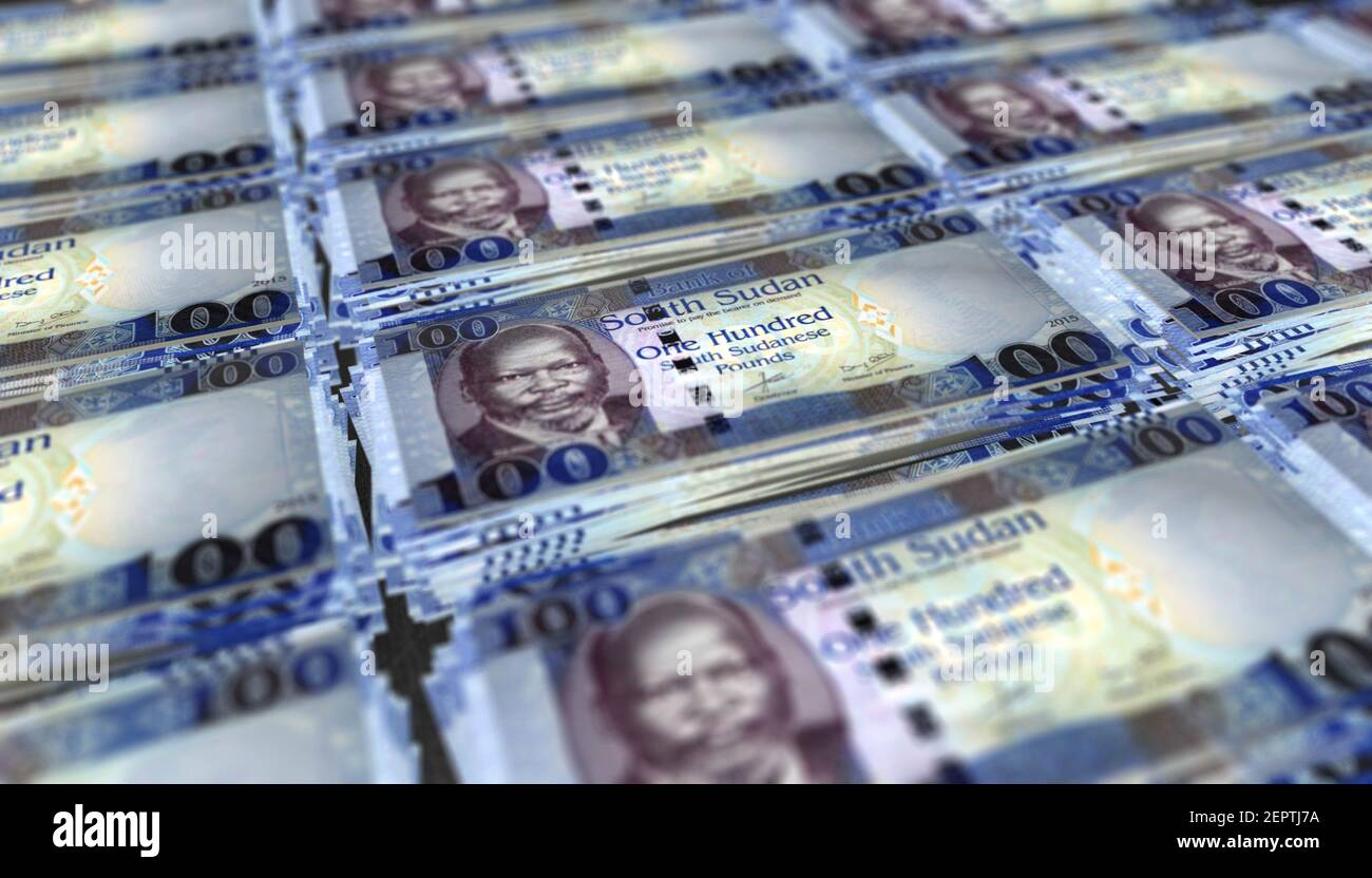 3D illustration of South Sudan 100 Pounds bills stacks background Stock Photo