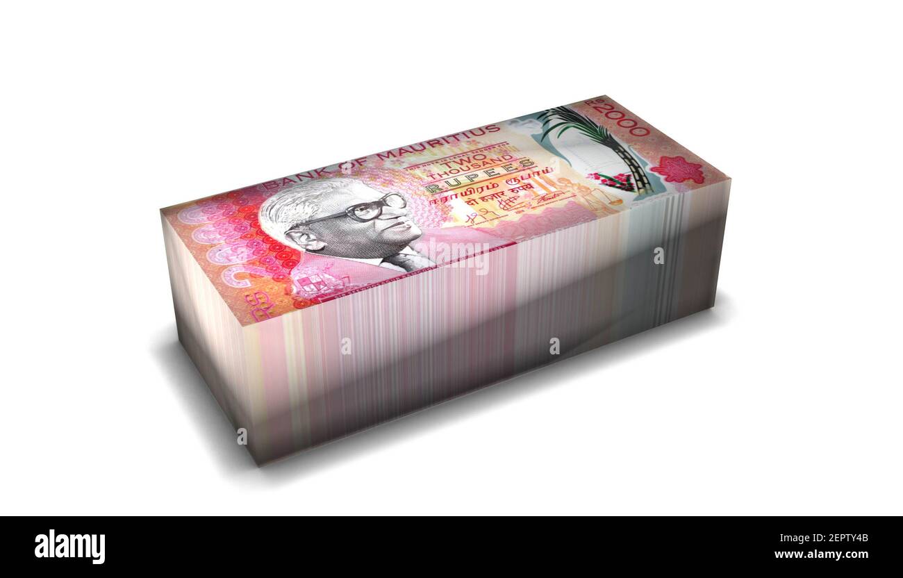 3D illustration of Mauritius 2000 Rupees bills stacks background Stock ...