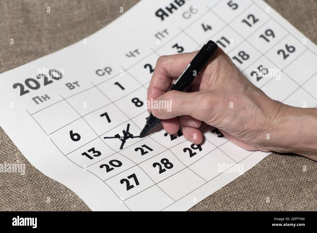 An old woman’s hand crosses out the number on January fourteenth in the calendar with a marker. Close-up. Stock Photo
