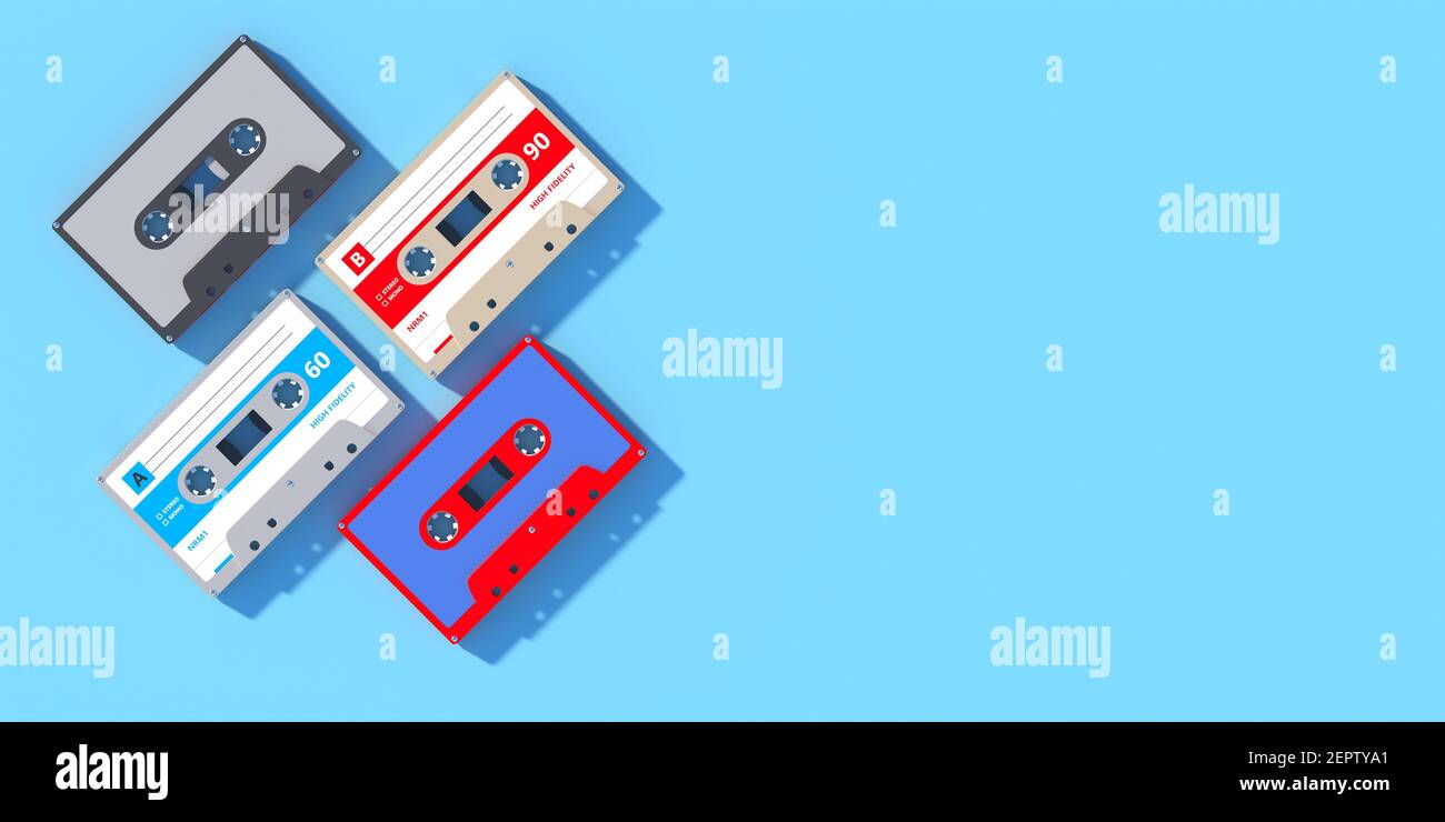 Vintage retro party music, eighties songs. Music collection, Audio cassette tapes on blue color
