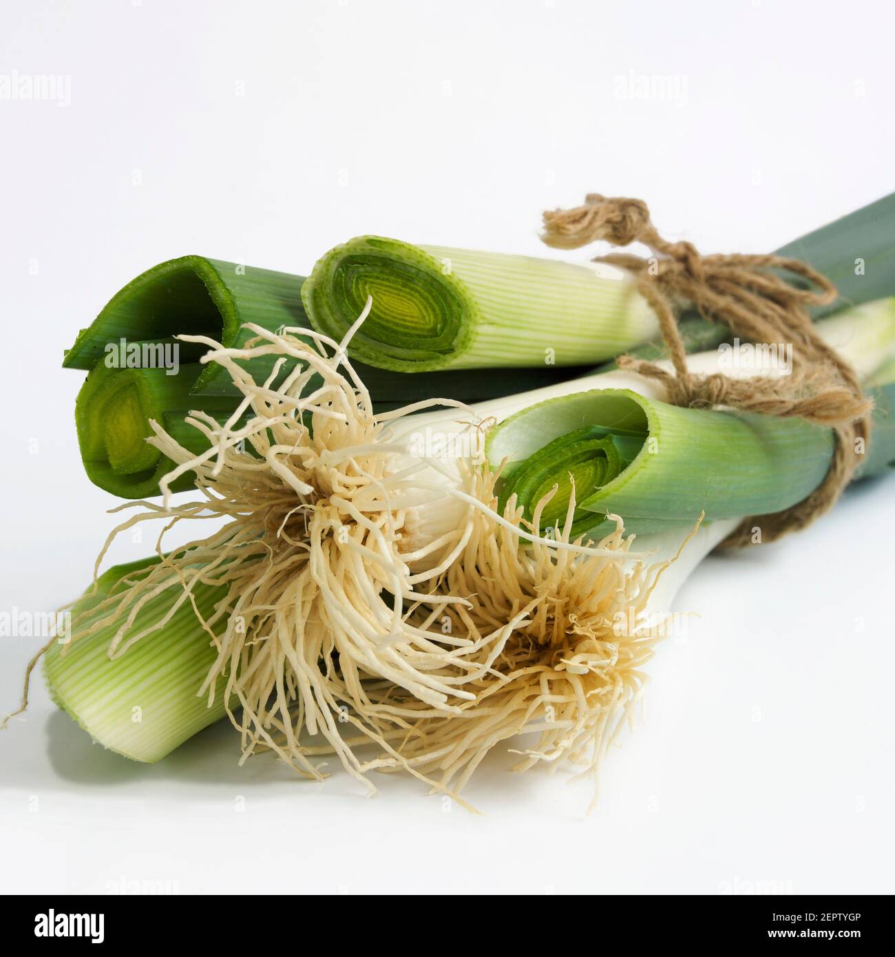 Cut leeks tied with string, on a white background Stock Photo