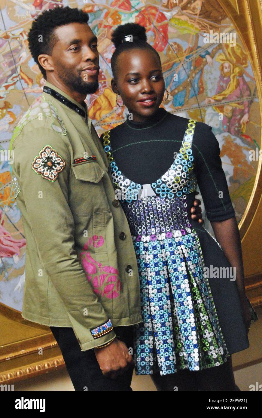 Chadwick Boseman and Lupita Nyong'o at the Hollywood Foreign Press  Association press conference for "Black Panther" held in Los Angeles, CA on  January 30, 2018. (Photo by Yoram Kahana/Shooting Star/Sipa USA) ***