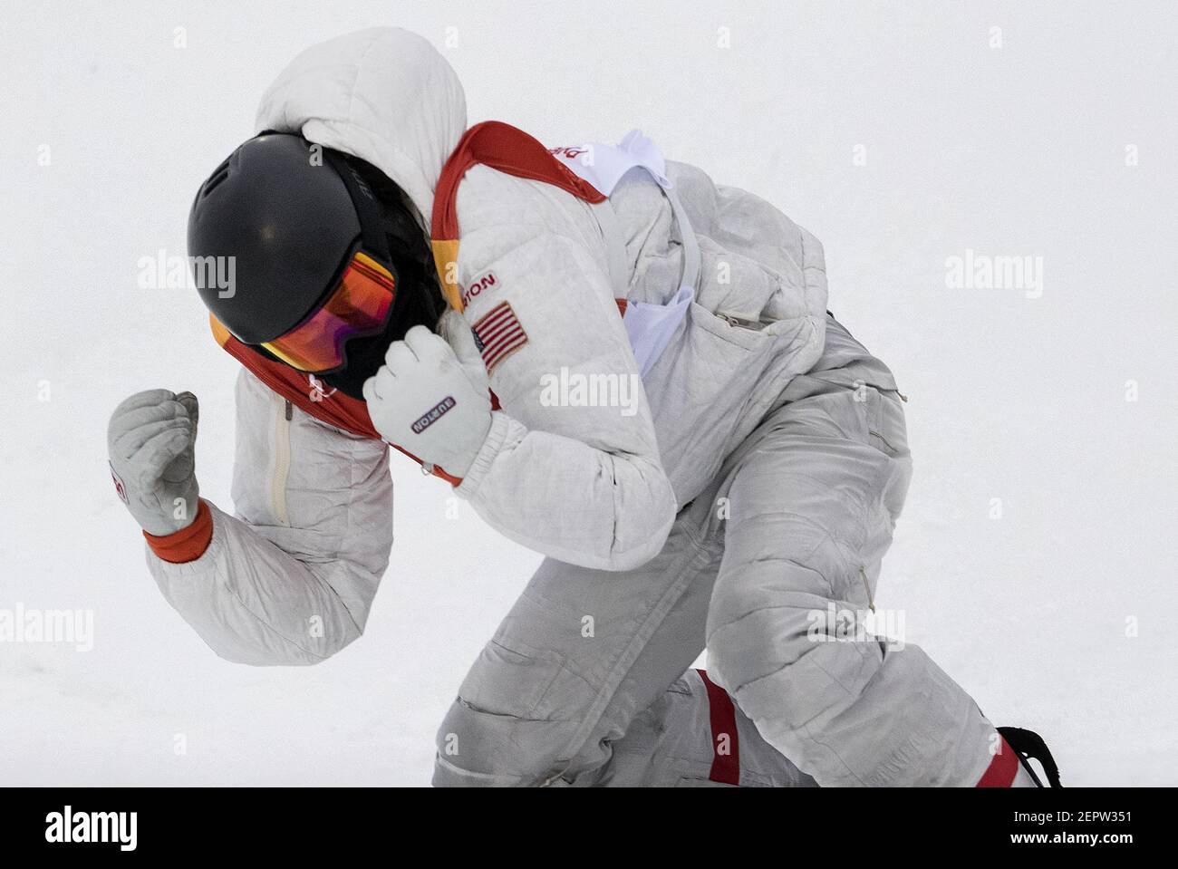 Shaun White of the USA reacts after his final run during the Men's Half Pipe Snowboard finals at Phoenix Park in South Korea on Wednesday, Feb. 14, 2018, 2018, during the Pyeongchang Winter Olympics. (Photo by Carlos Gonzalez/Minneapolis Star Tribune/TNS/Sipa USA) Stock Photo