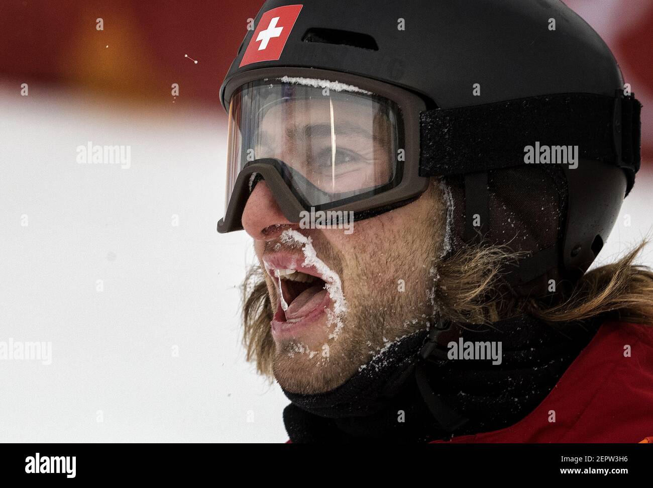 Patrick Burgener of Switzerland after his first run in the Men's Half Pipe Snowboard finals at Phoenix Park in South Korea on Wednesday, Feb. 14, 2018, during the Pyeongchang Winter Olympics. (Photo by Carlos Gonzalez/Minneapolis Star Tribune/TNS/Sipa USA) Stock Photo