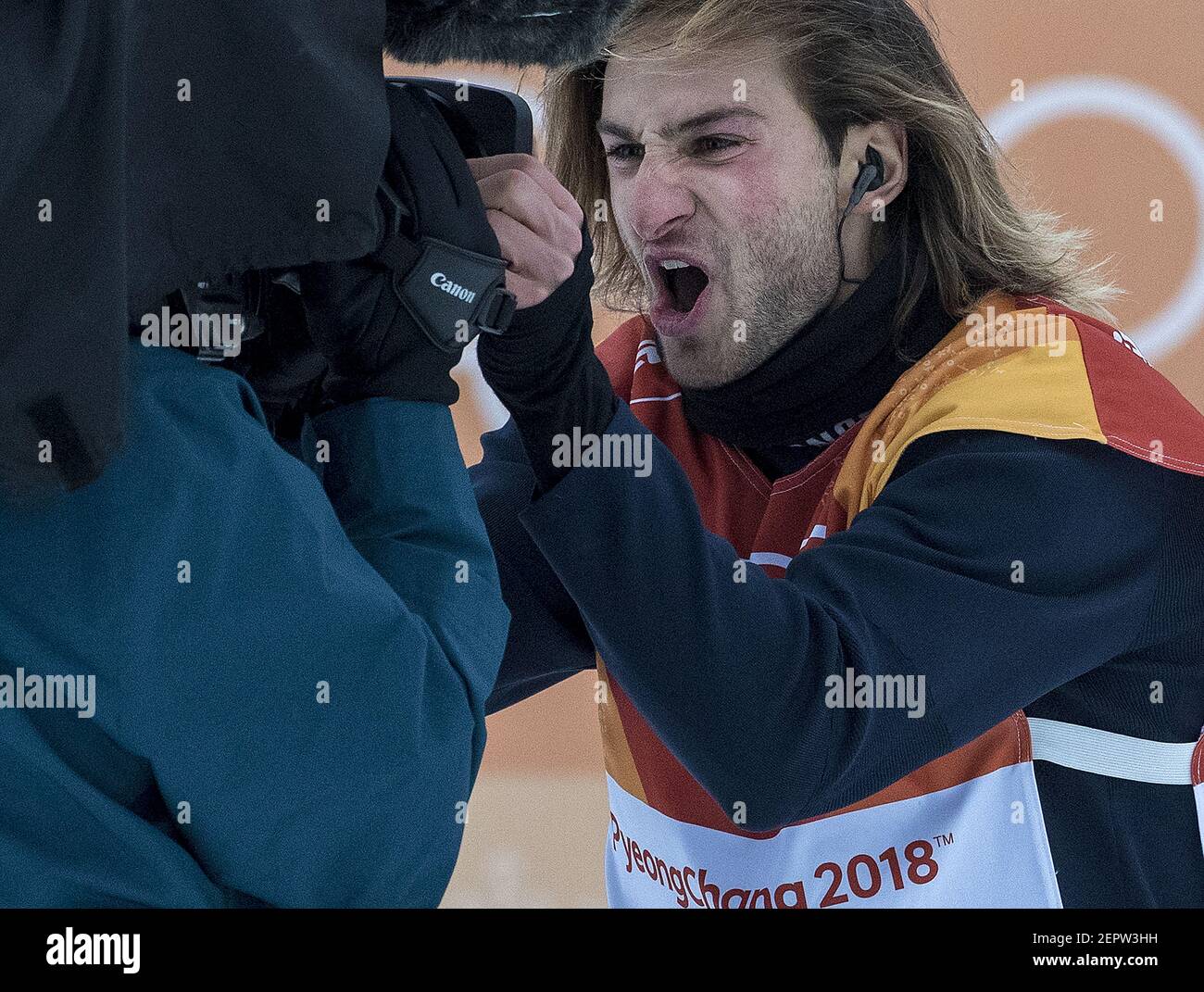 Patrick Burgener reacts to the camera after a run in the Men's Half Pipe Snowboard finals at Phoenix Park in South Korea on Wednesday, Feb. 14, 2018, during the Pyeongchang Winter Olympics. (Photo by Carlos Gonzalez/Minneapolis Star Tribune/TNS/Sipa USA) Stock Photo