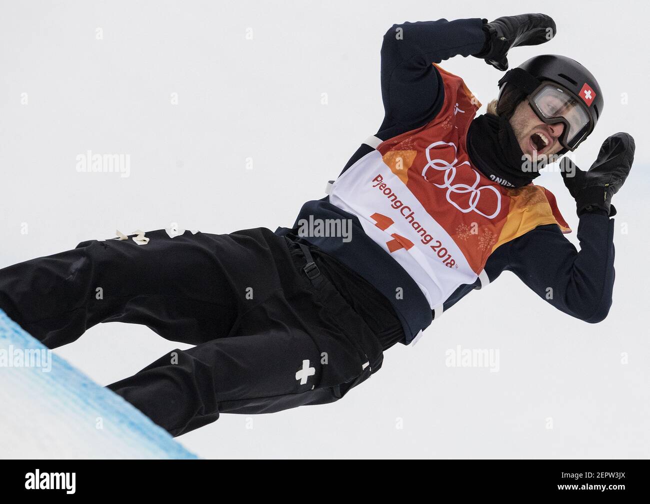 Patrick Burgener reacts after a run in the Men's Half Pipe Snowboard finals at Phoenix Park in South Korea on Wednesday, Feb. 14, 2018, during the Pyeongchang Winter Olympics. (Photo by Carlos Gonzalez/Minneapolis Star Tribune/TNS/Sipa USA) Stock Photo